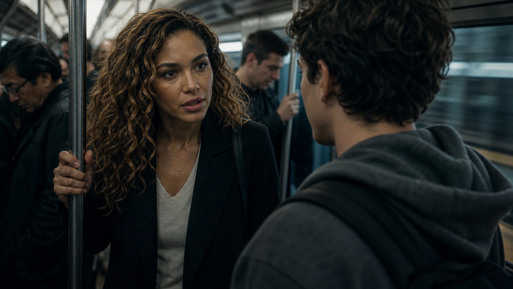 Sarah Rodriguez in an urgent subway conversation in The Big Pivot