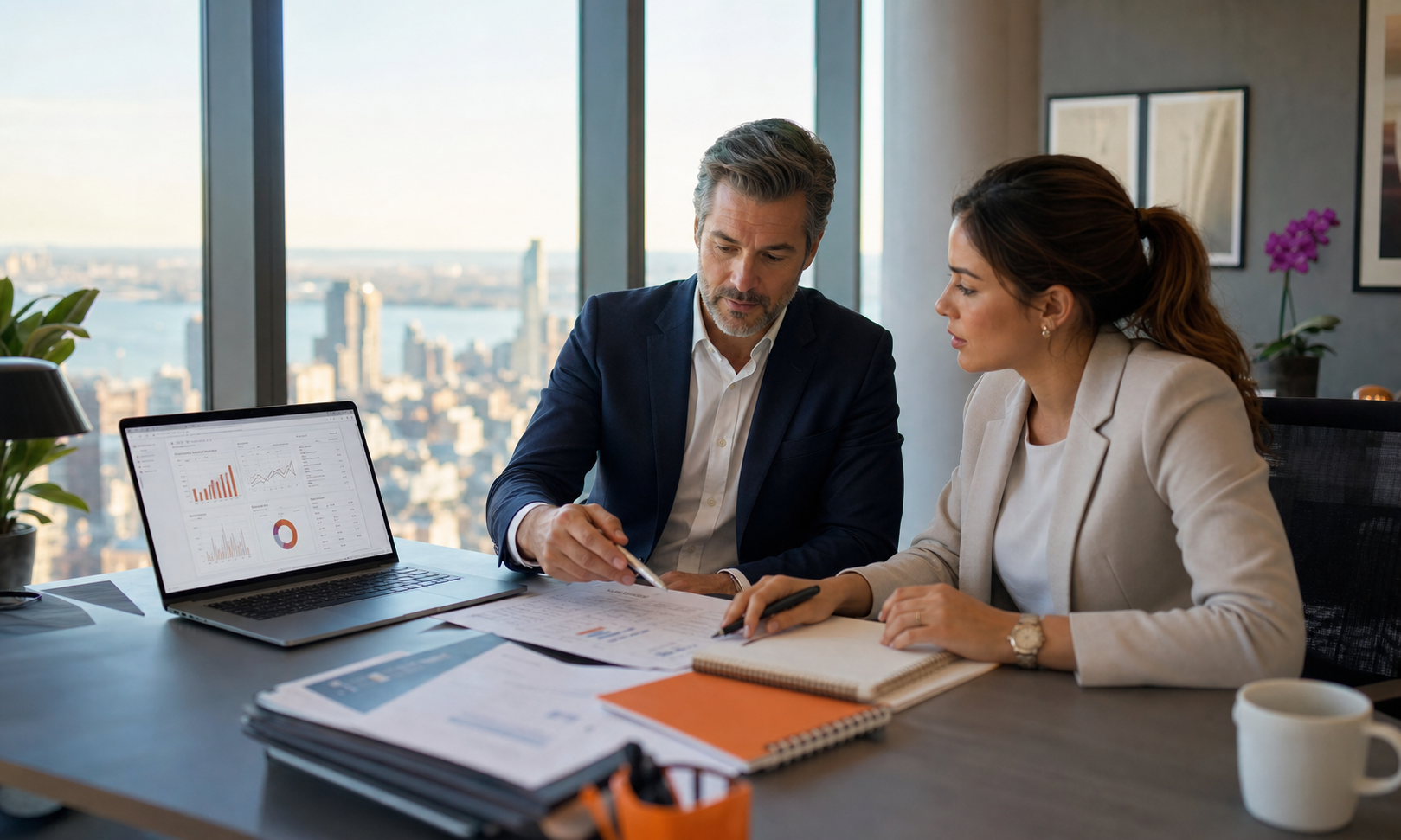 Financial advisor team preparing for a client review meeting with AI employee support