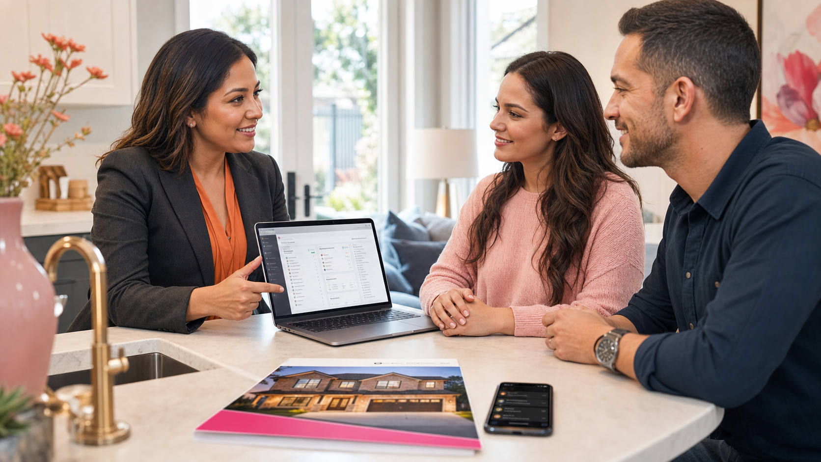 Real estate agent reviewing open house follow-up tasks with a couple while showing a laptop dashboard